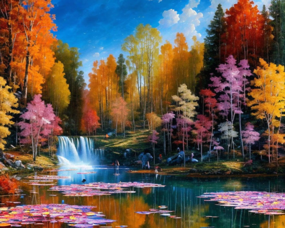 Colorful autumn forest painting with waterfall and tranquil lake scene.