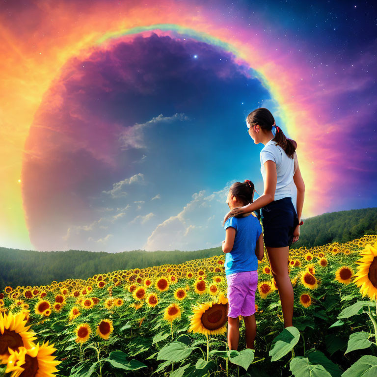 Sunflower field scene with two individuals and circular rainbow at dusk