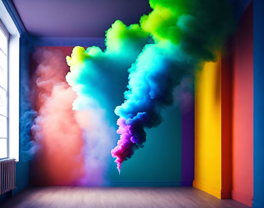 Colorful Smoke Clouds Descending in Room with Gradient Walls