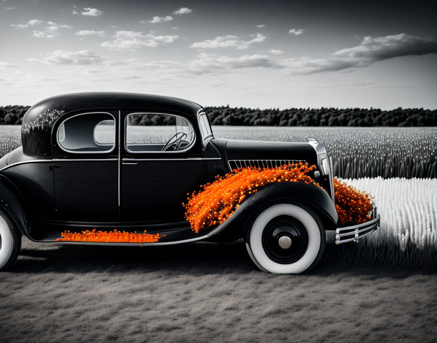 Vintage Black Car with Orange Lights Parked in Mono-Colored Field
