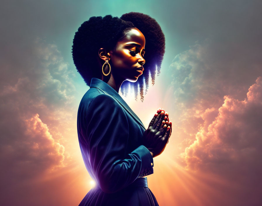Woman with Afro in Navy Blazer Against Colorful Sky Background