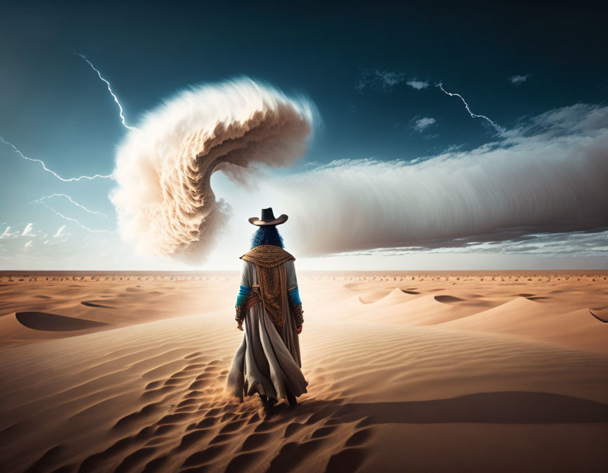 Mysterious figure in cloak faces surreal sandstorm in desert landscape