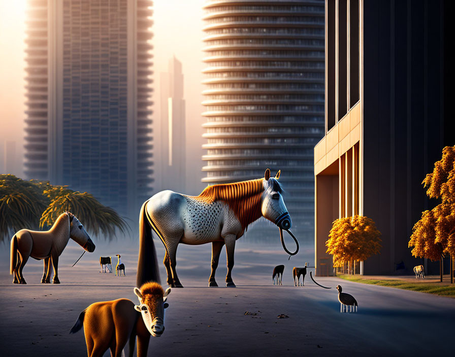 Urban street with surreal animal hybrids and skyscrapers