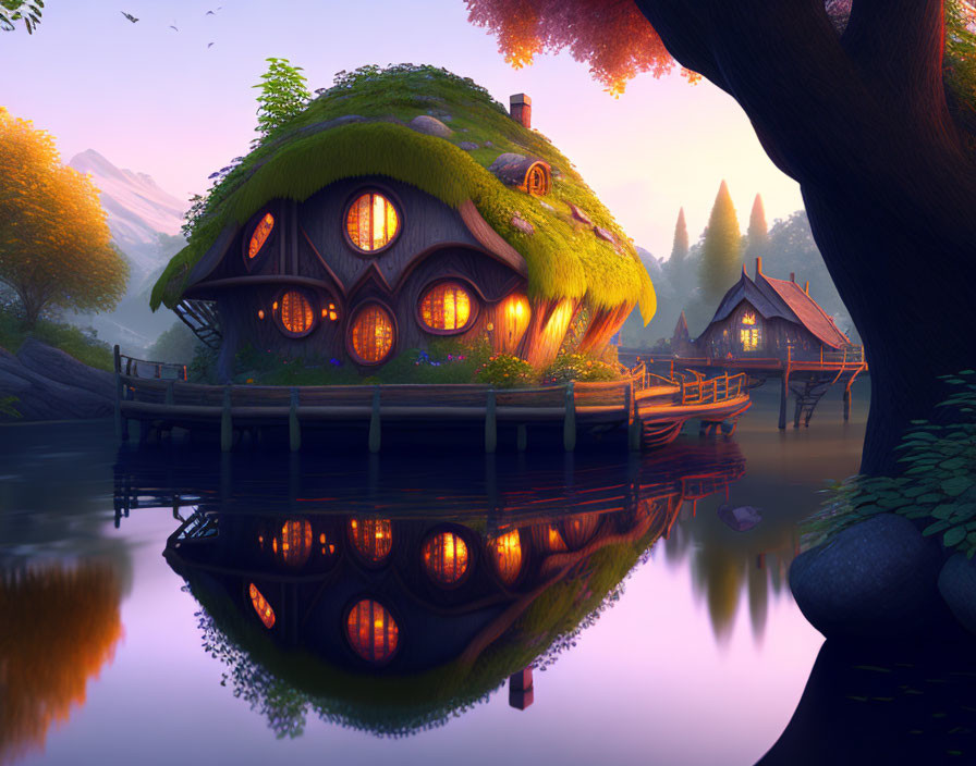 Fantasy Cottage with Mushroom-like Windows by Serene Lake in Autumn
