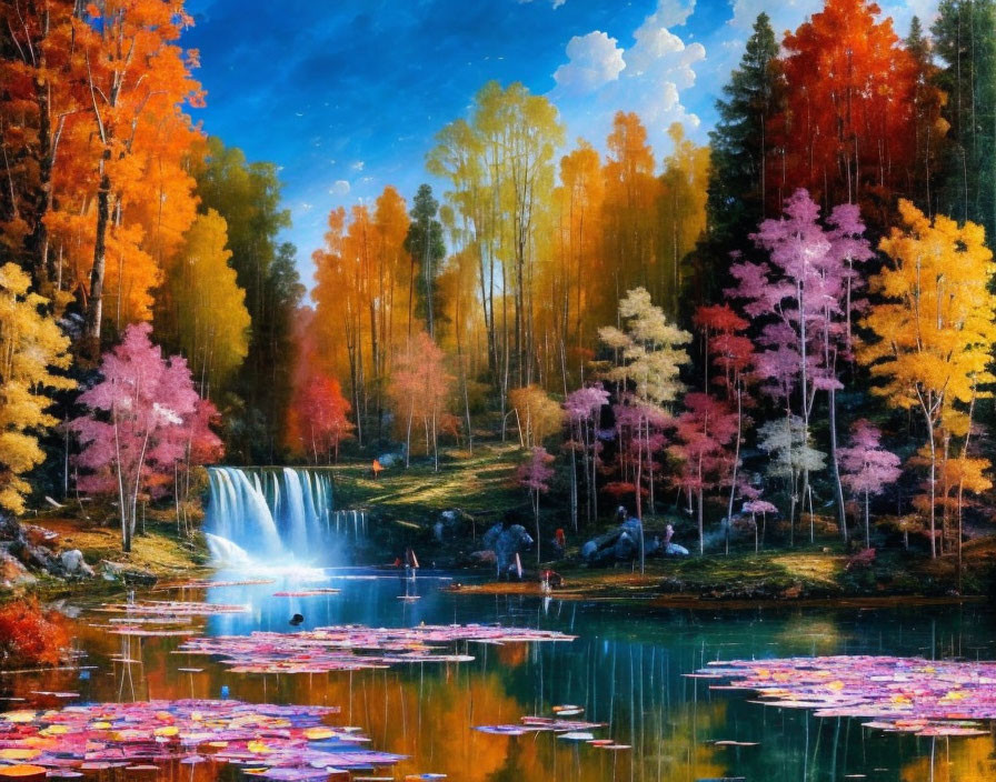 Colorful autumn forest painting with waterfall and tranquil lake scene.