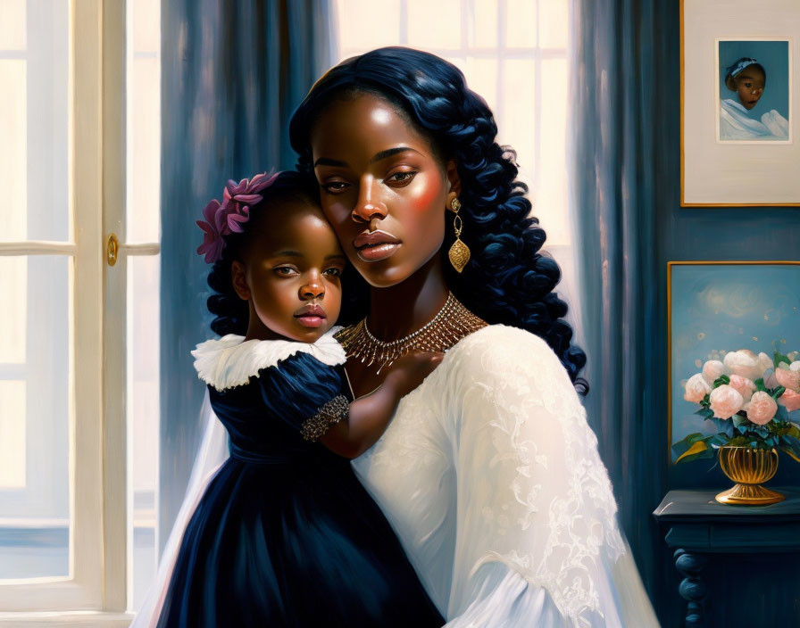 Formal attire painting of elegant woman with child in serene setting