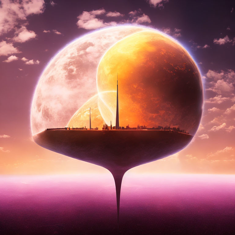 Futuristic city on floating platform with giant two-toned planet in twilight sky