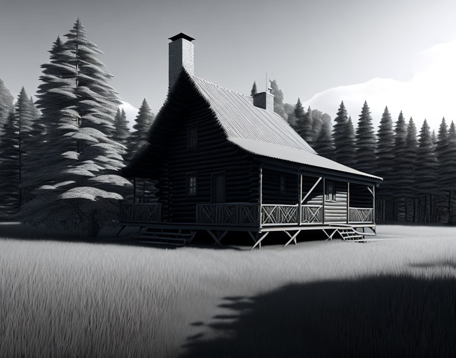 Monochrome image of wooden cabin in pine forest landscape