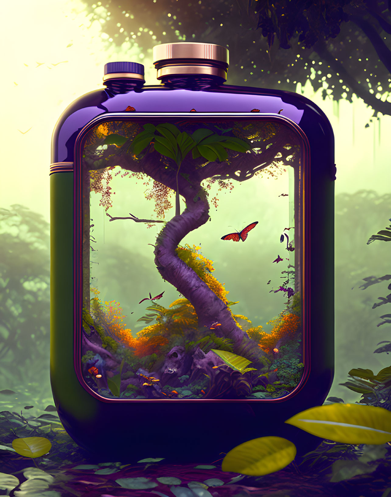 Illustration of twisting tree in glass jar with butterflies and falling leaves in misty forest.