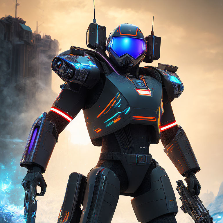 Blue Visor Futuristic Robot with Shoulder-Mounted Weaponry in Industrial Setting
