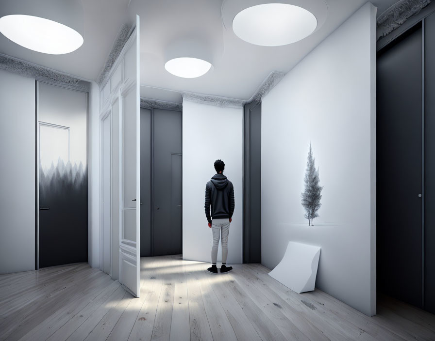 Minimalist hallway with white walls and tree drawing under circular lights