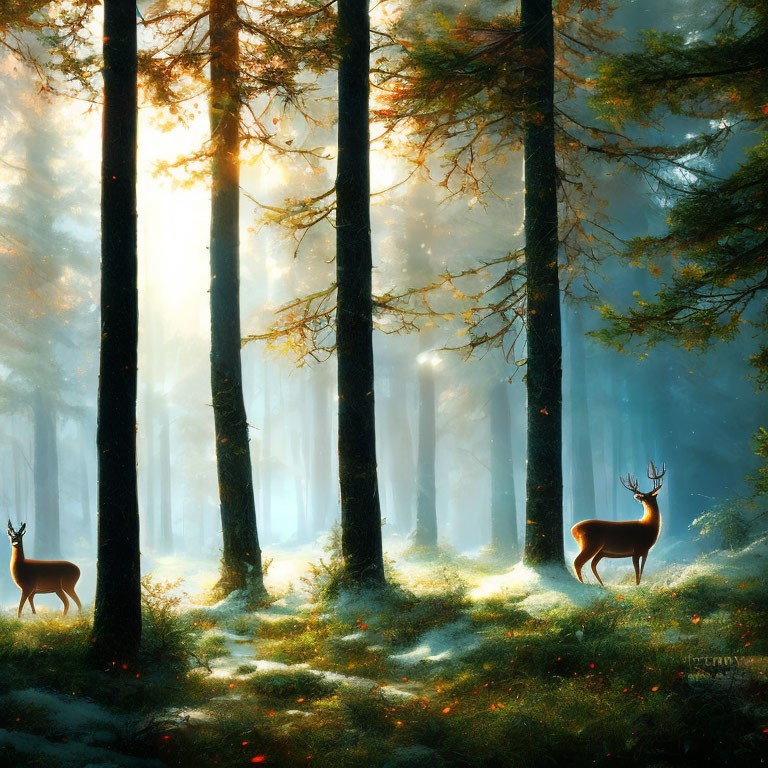 Tranquil forest scene with sunbeams, mist, and deer