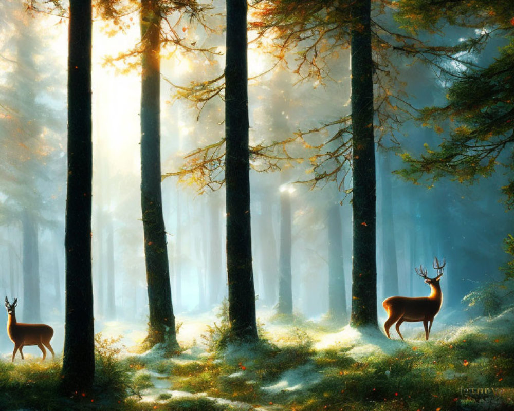 Tranquil forest scene with sunbeams, mist, and deer