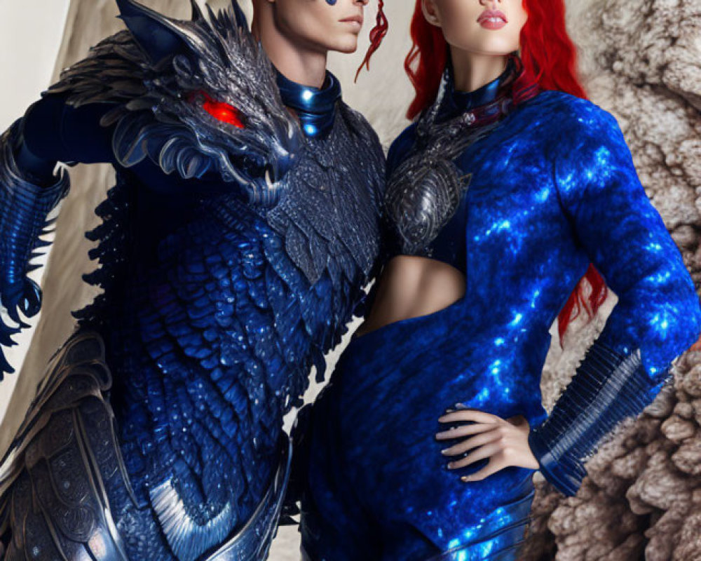 Fantasy Costumed Duo in Dragon Armor and Celestial Bodysuit against Rocky Background