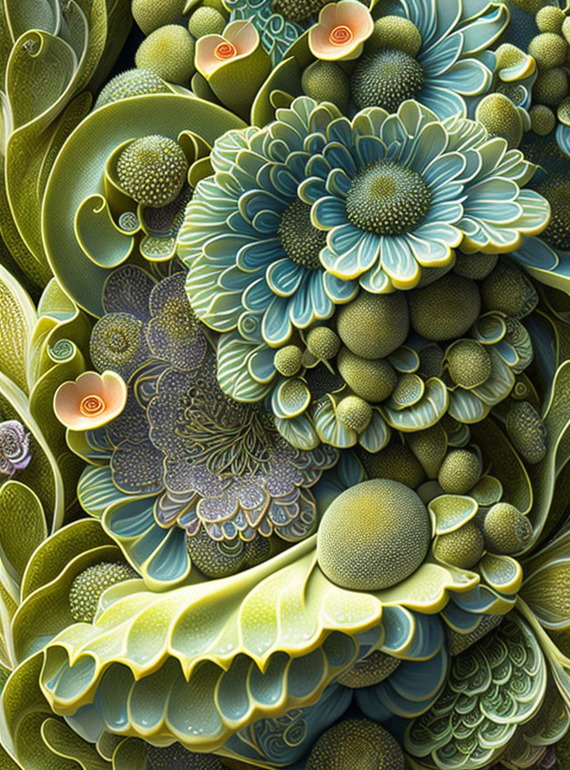 Detailed Abstract Floral Patterns in Green, Blue, and Orange