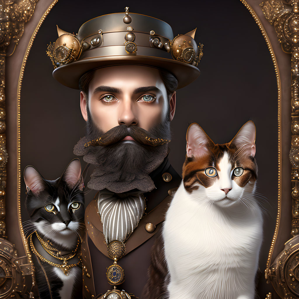 Portrait of a man with stylized beard, two cats, and ornate golden frames