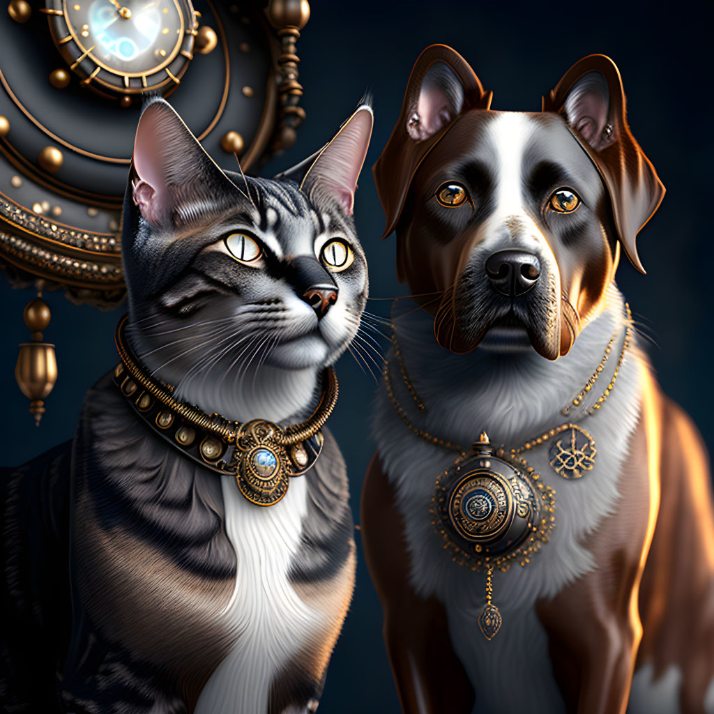 Stylized cat and dog in golden collars on dark blue backdrop