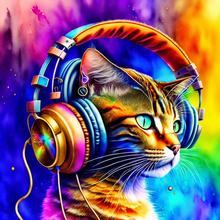 Colorful Cat Wearing Headphones in Psychedelic Background