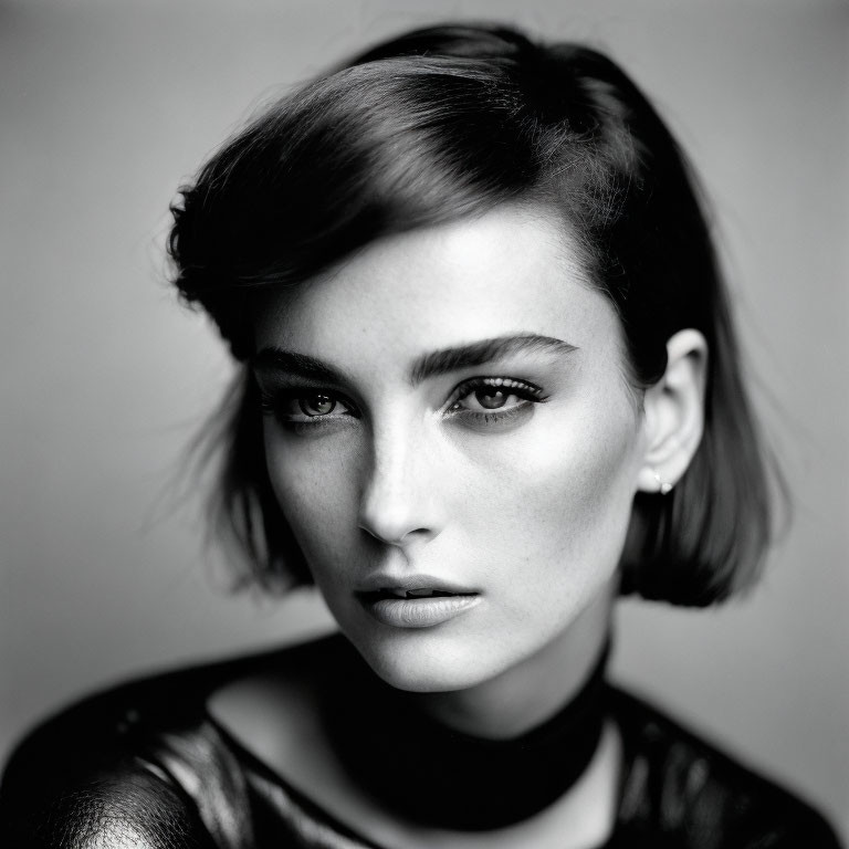 Monochrome portrait of woman with short hair and striking eyes