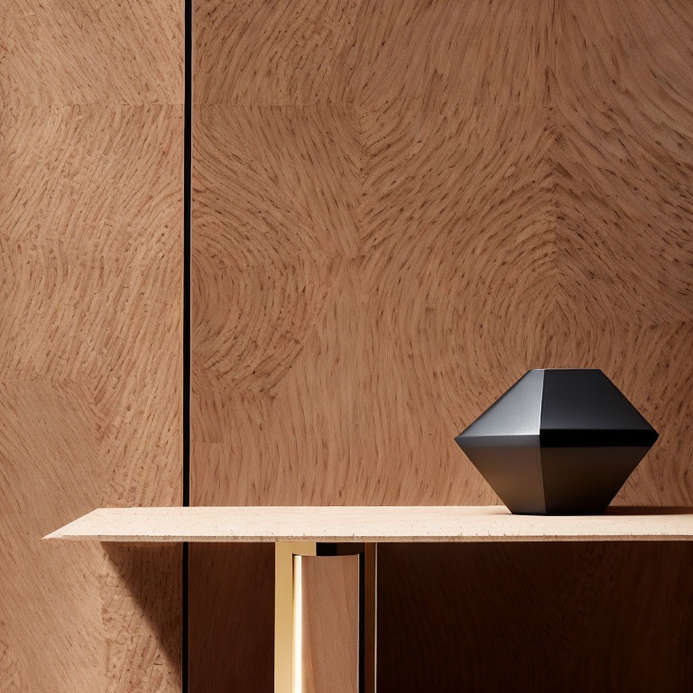 Contemporary interior with geometric sculpture on wooden shelf and herringbone wall.