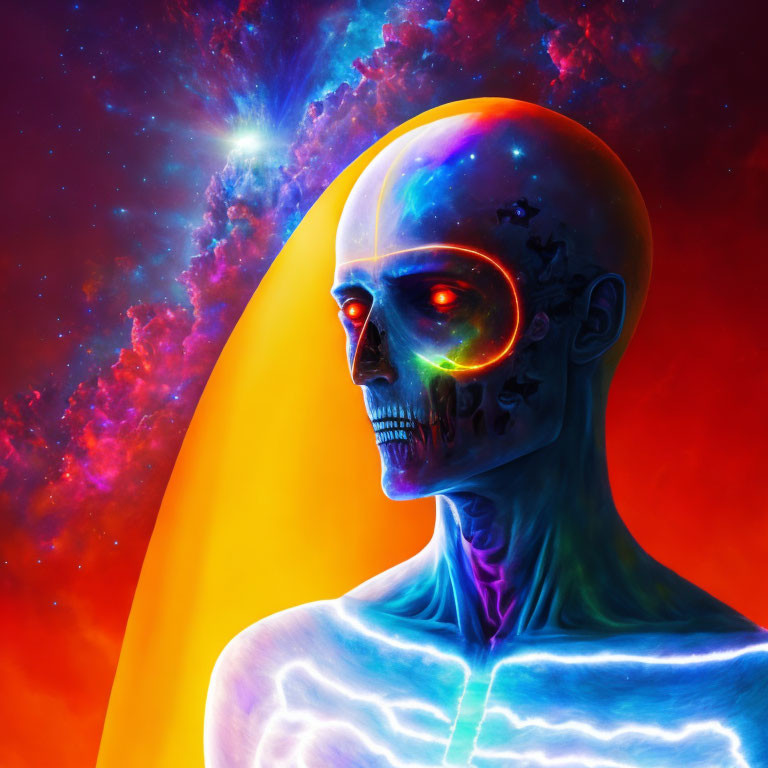 Colorful skeletal figure with cosmic elements in vibrant digital artwork