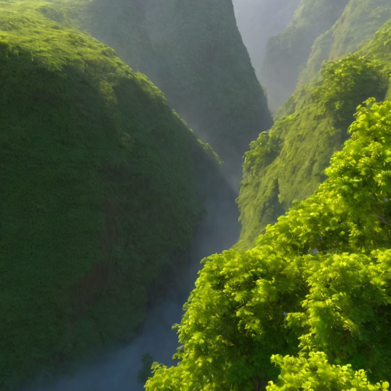 Scenic lush green valley with misty cliffs in soft light