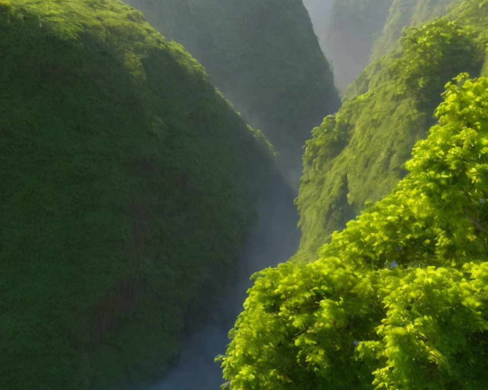 Scenic lush green valley with misty cliffs in soft light