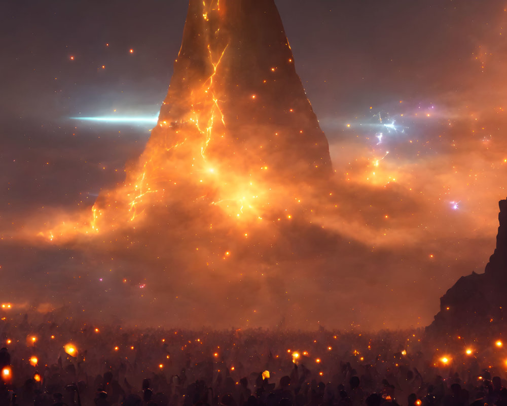 Large luminous triangular structure in glowing sky with vast crowd