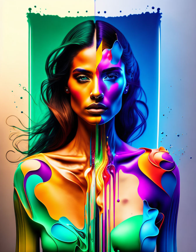 Colorful digital artwork of woman with melting paint in rainbow hues