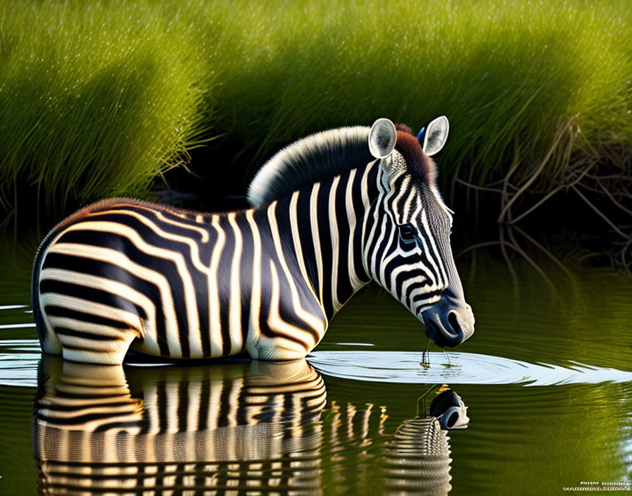 Zebra standing in water with reflection, vibrant green grass, soft lighting