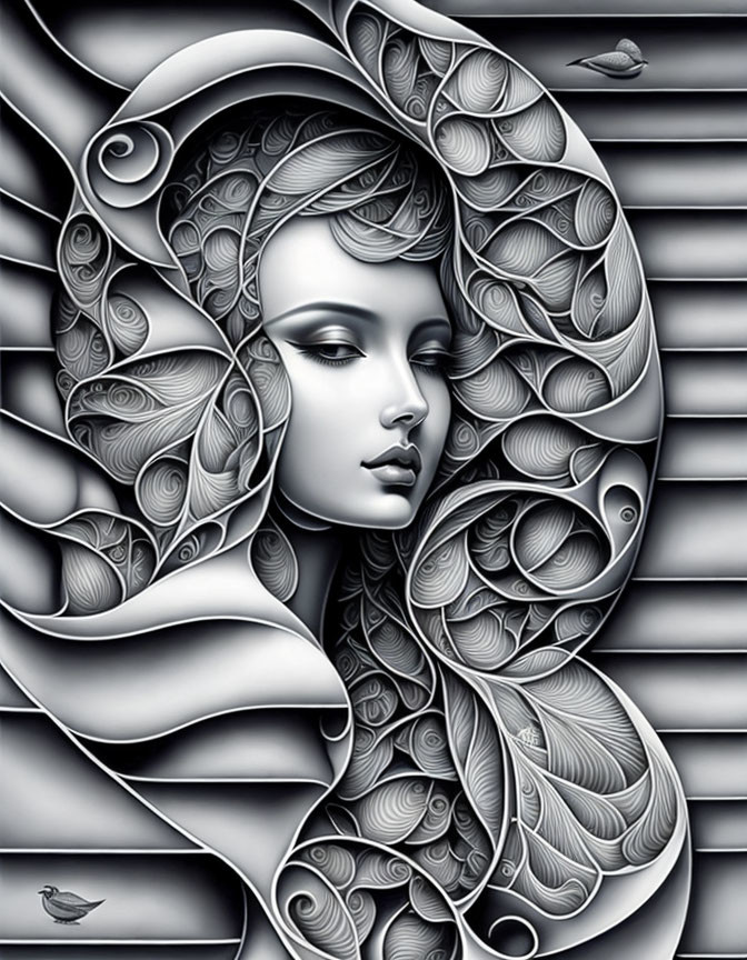 Monochromatic artwork featuring woman with swirling hair patterns and abstract shapes