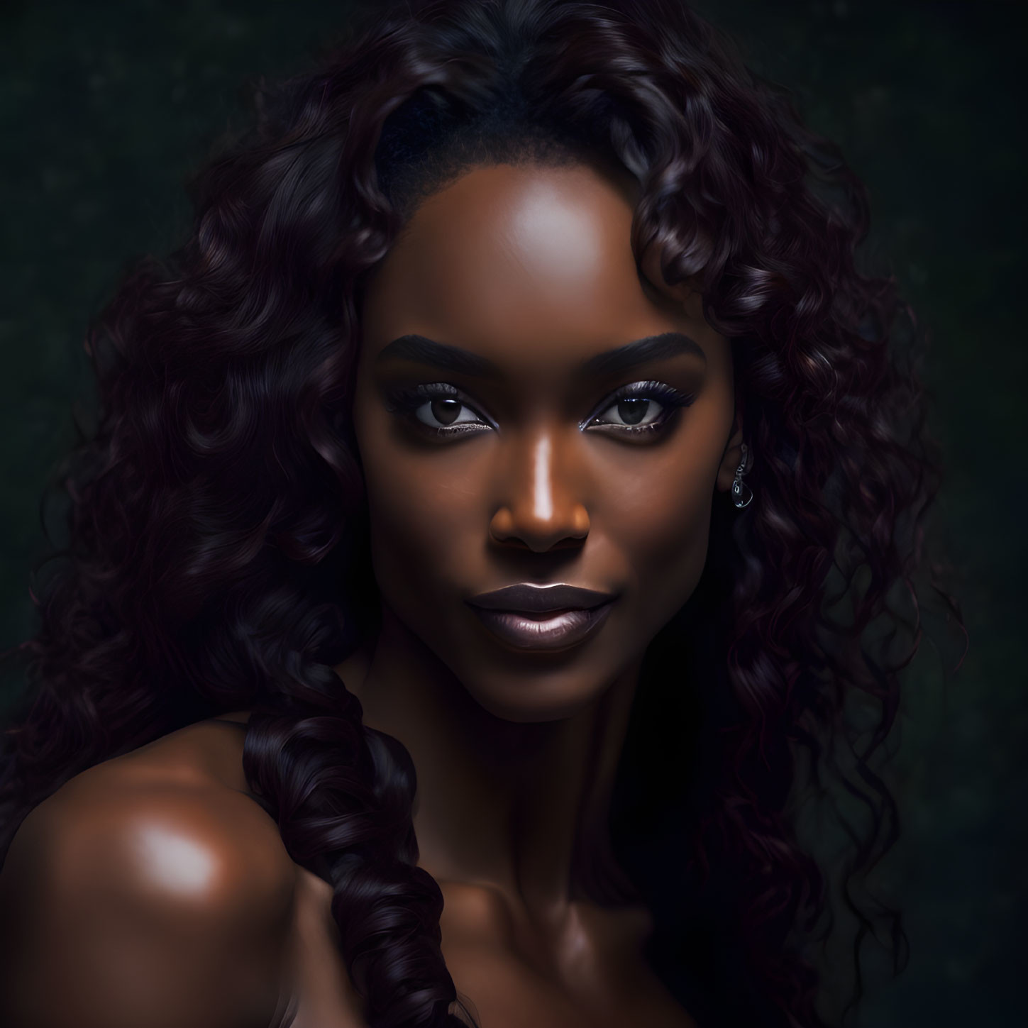Dark-skinned woman with long, curly hair in striking portrait.