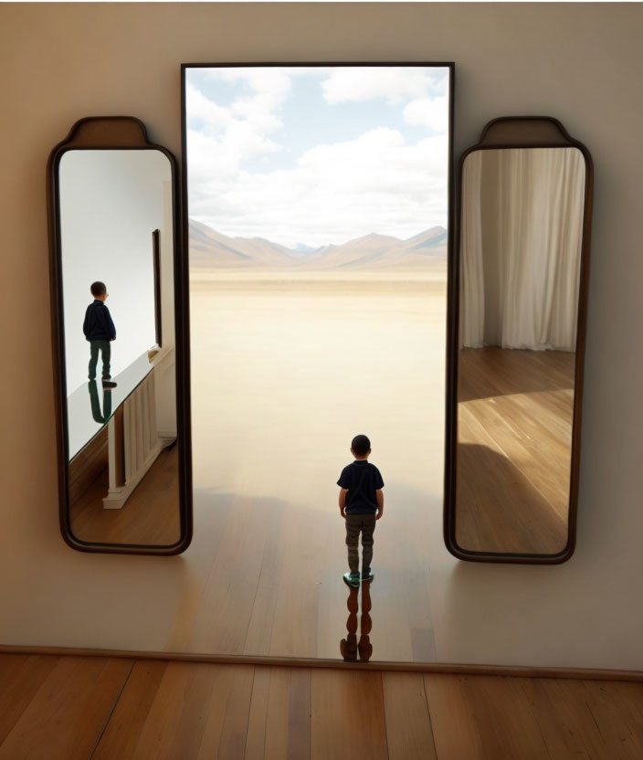 Child in minimalist room with desert view through large windows