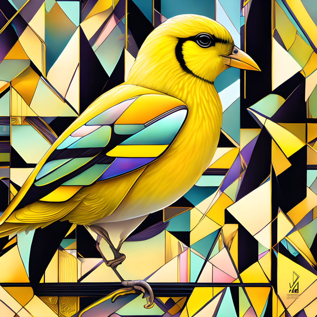 Colorful Digital Art: Yellow Bird with Geometric Mosaic Background