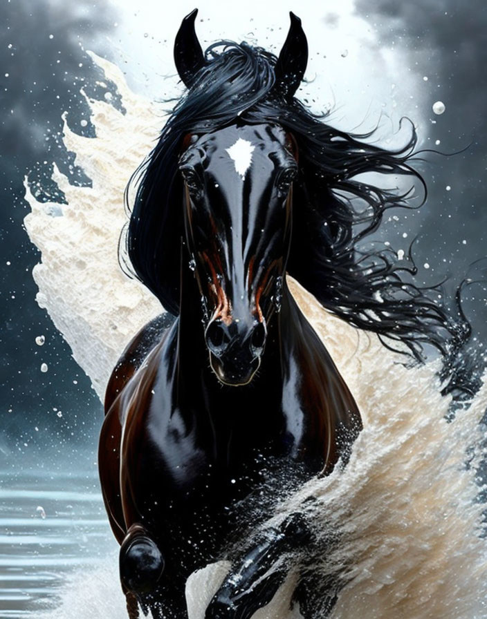 Black horse galloping powerfully through water with splashes, shiny coat flowing.