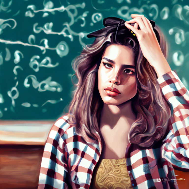 Pensive woman with wavy hair in front of chalkboard filled with equations