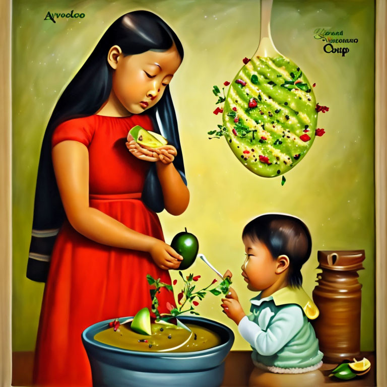 Surreal painting of children with oversized fruit in dreamlike scene