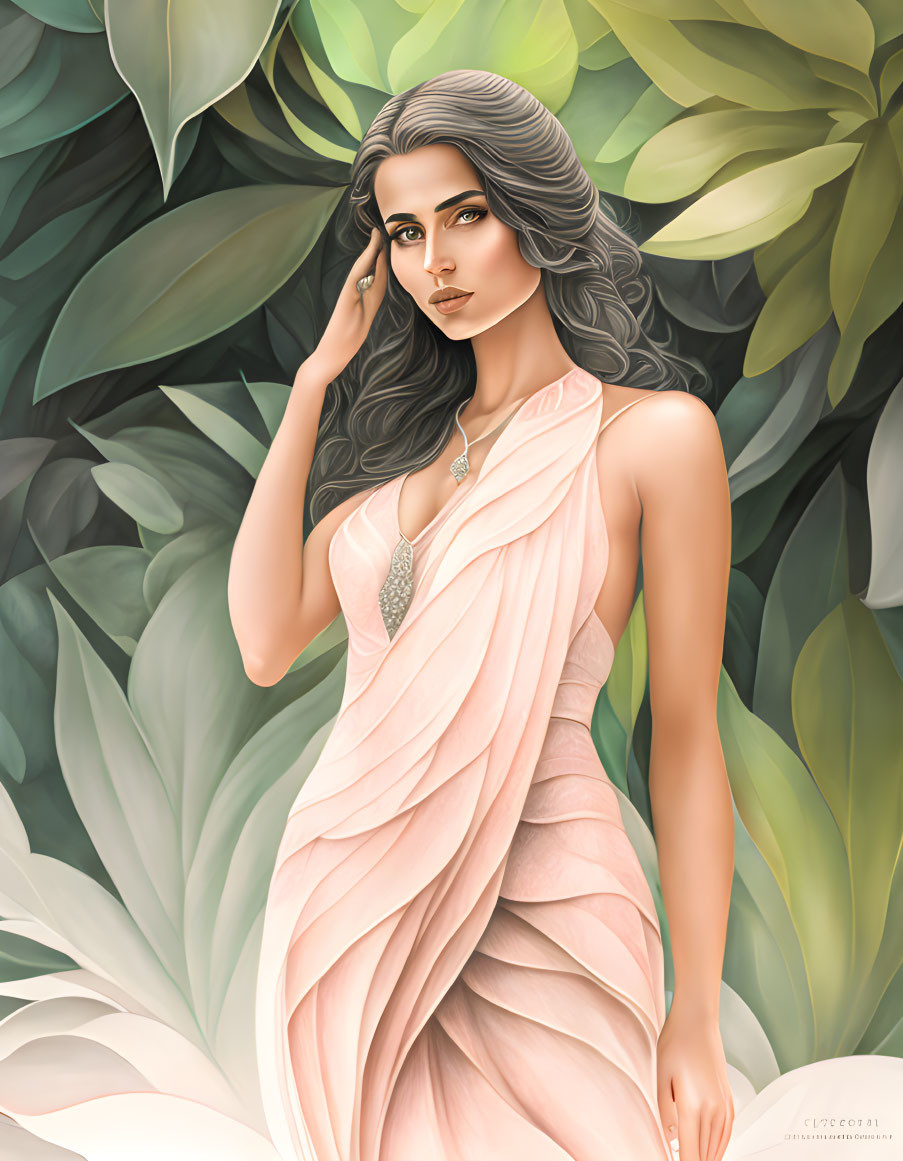 Illustration of woman with long gray hair in pink garment against green leaves