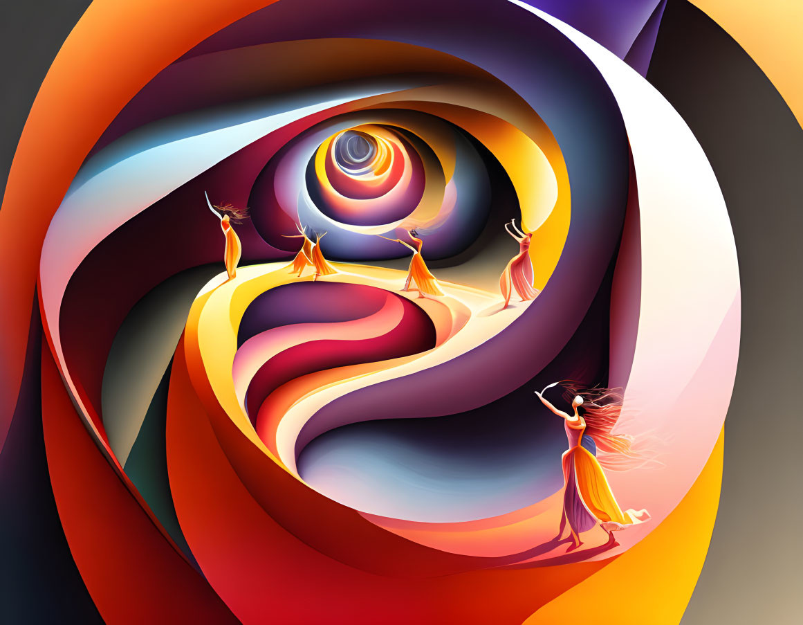 Vibrant Abstract Art: Colorful Swirls & Orange-Dressed Female Figures