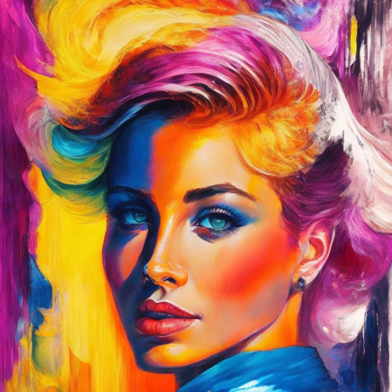 Vibrant painting of woman with rainbow hair and bold makeup