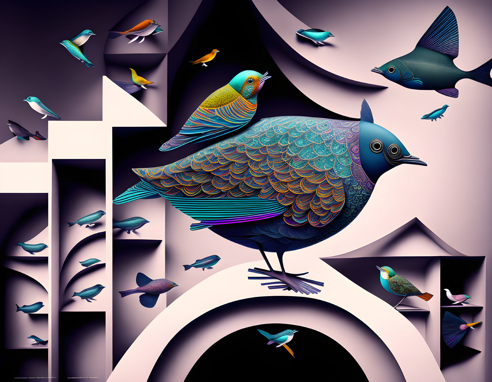 Abstract digital artwork with stylized birds in various sizes against geometric background.