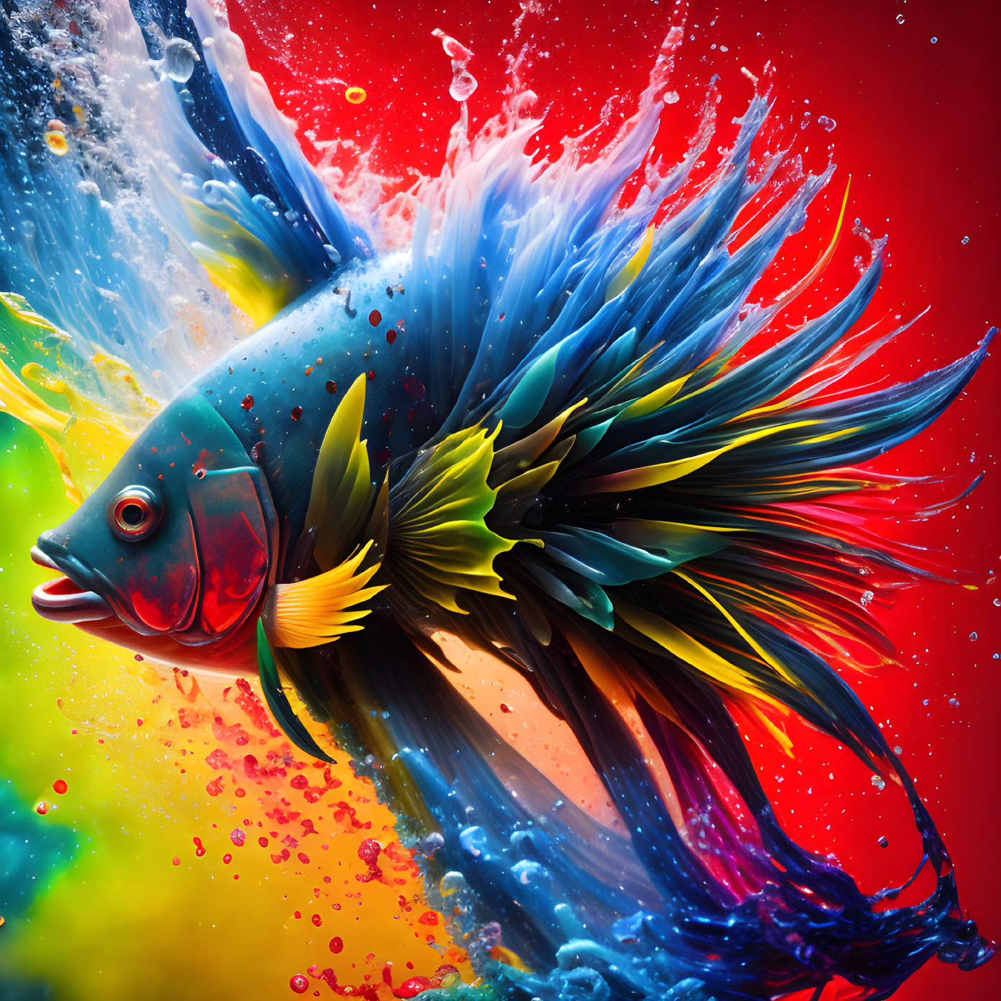 Colorful Betta Fish Artwork with Exaggerated Fins in Multicolored Water