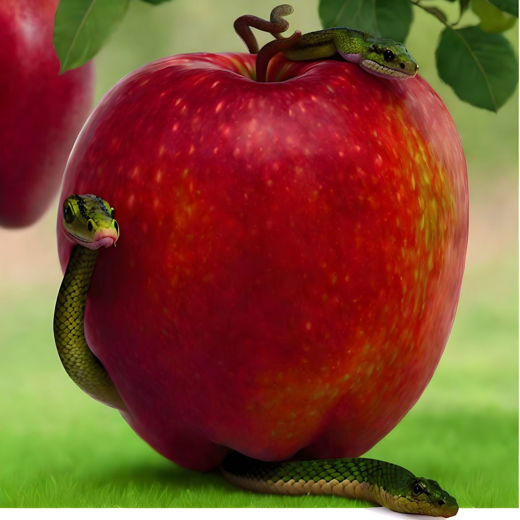 Large Red Apple with Glossy Surface and Three Realistic Snakes Entwined