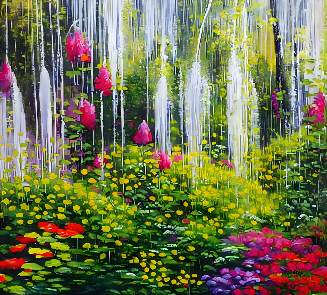 Colorful Abstract Painting: Flower-Filled Forest in Pink and Red