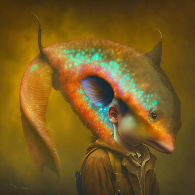 Surreal illustration of humanoid body with fish head & vibrant patterns