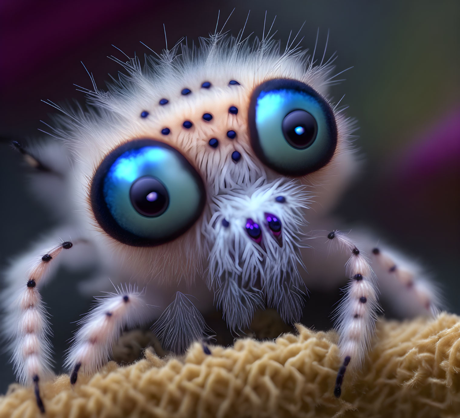 Stylized jumping spider with blue eyes in colorful setting