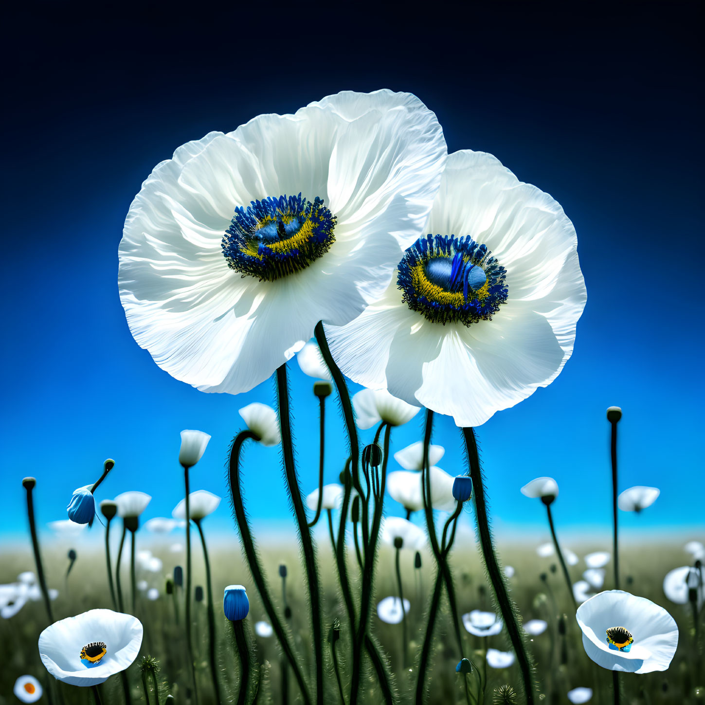 White Poppies in Blue and Green Field with Clear Sky and Small Blooms