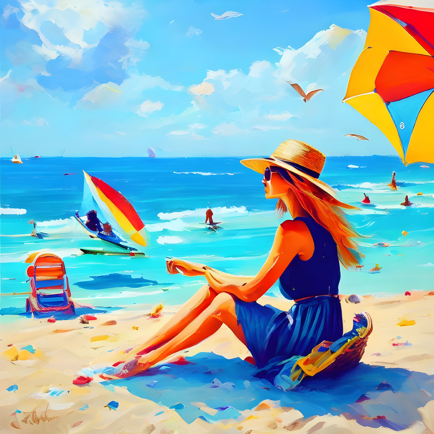 Woman in sunhat on vibrant beach with sailboats and umbrella