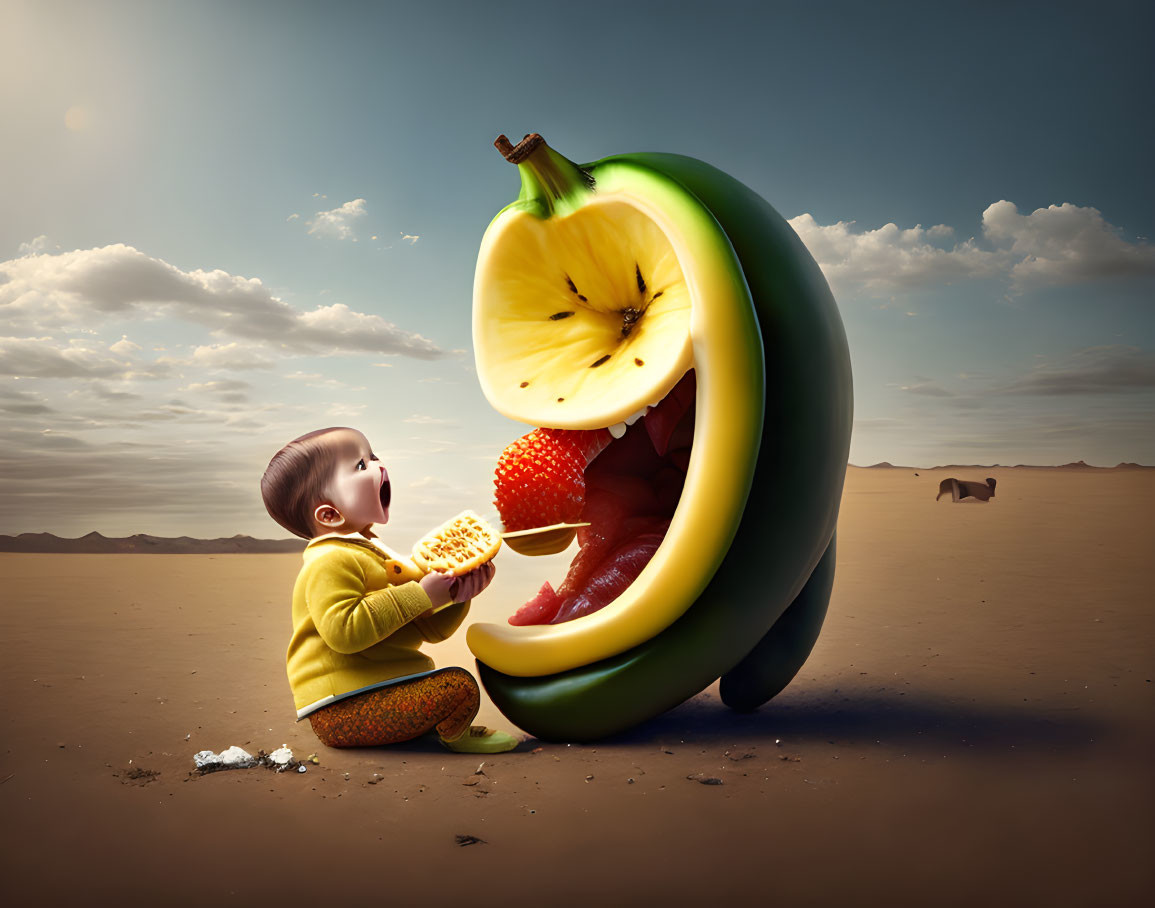 Infant in desert gazes at surrealistic fruit face