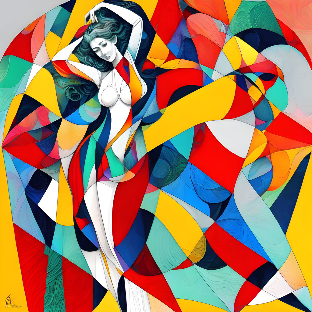 Colorful Abstract Art: Woman with Flowing Hair in Geometric Patterns